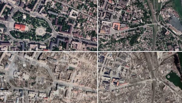 Satellite imagery shows the once flourishing city turned into a wasteland, with landmark buildings reduced to rubble.