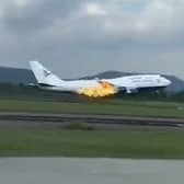 Boeing plane’s engine catches fire after take-off.