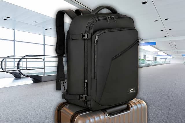 The MATEIN travel backpack includes expandable storage and multiple compartments designed for cabin travel.