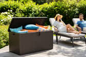 The large-capacity storage box is designed to keep outdoor essentials protected while helping patios stay clutter-free