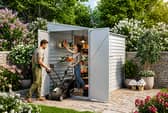 The steel garden shed combines lockable access, weather-resistant materials and generous storage space for outdoor essentials