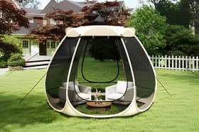 The foldable screened gazebo provides shade and insect protection for garden parties, barbecues, camping trips and summer gatherings.