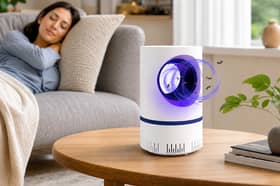 The fan-powered indoor trap uses ultraviolet light and targeted airflow to capture fruit flies and other small flying insects