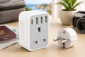 The Omivine European travel adapter combines a UK socket with three USB-A ports and one USB-C connection
