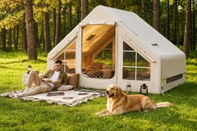 The inflatable camping tent accommodates up to four people and includes a manual pump, guy ropes, stakes and carry bag