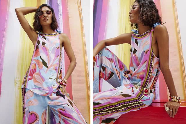 River Island's matching blue printed cami top and wide leg trousers bring Mediterranean-inspired style to summer wardrobes