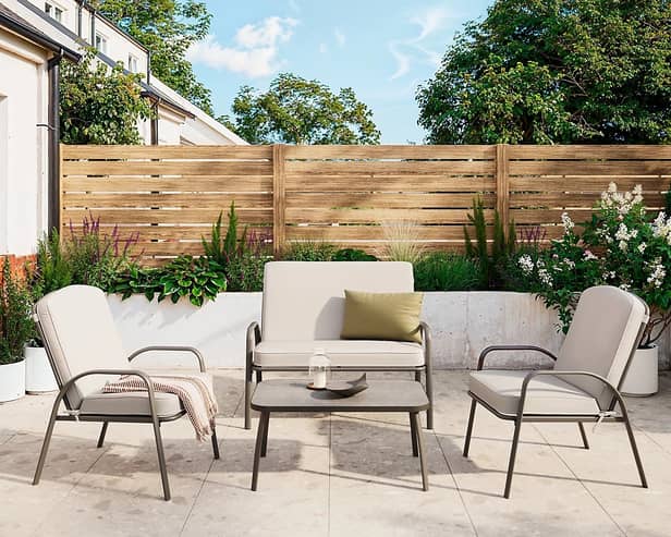 The Casima four-seater garden set combines comfortable seating with a stylish coffee table for a relaxed outdoor space.