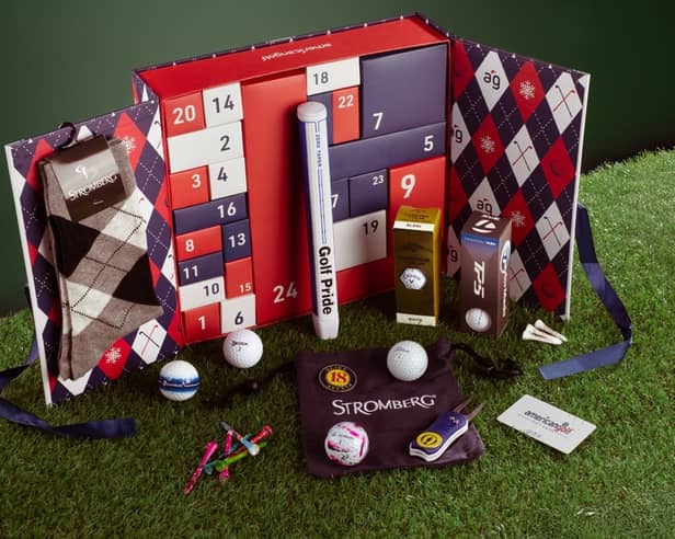 The American Golf Luxury Advent Calendar features 24 days of golfing treats, including balls, tees, accessories and more, all presented in festive red, white and blue packaging.