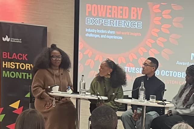 Award-winning journalist and broadcaster Nadine White in a Panel Discussion at the University of Bedfordshire Black History Month event.