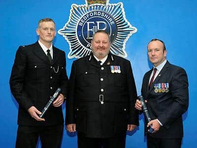 PC Thompson and retired police officer Matthew Edwards with Chief Constable Garry Forsyth