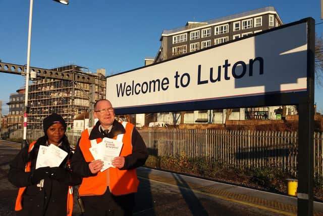 Luton station assistants Sandra and Tony supporting the Great Sock Appeal