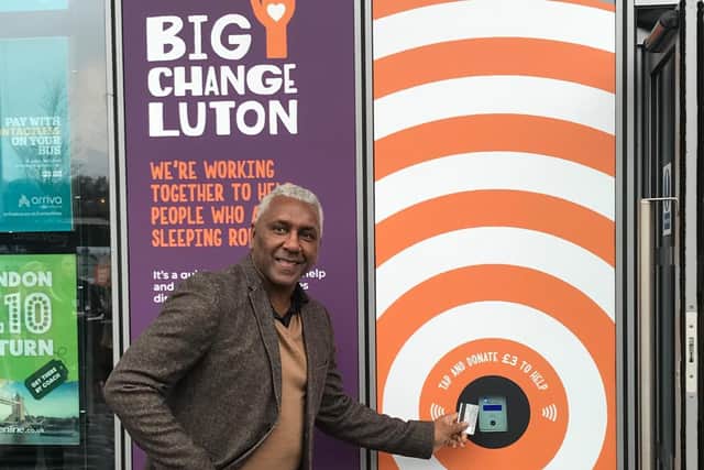 Ex-Hatter Ricky Hill at the launch of the contactless donation points in Luton