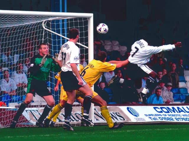 Adrian Forbes scores Luton's third goal in a 3-0 win back in October 2001