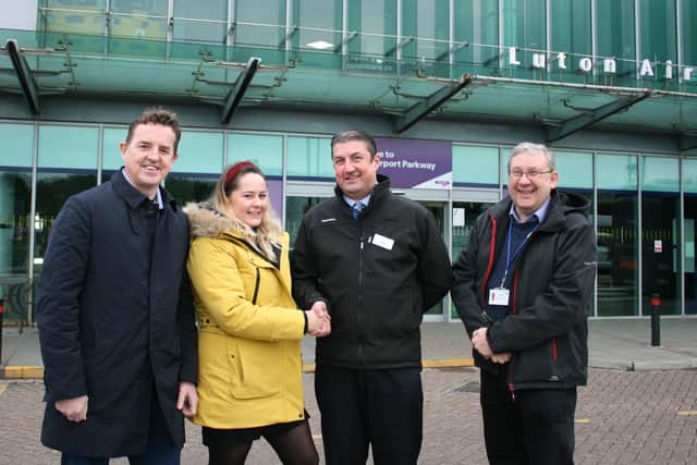 L-R: GTR's Community Engagement Officer Andrew Chillingsworth, Autism Bedfordshires Adult Services Manager Sharna Raine, Station Manager Joe Healy and Community Rail Partnership Officer Andy Buckley at Luton Airport Parkway Station