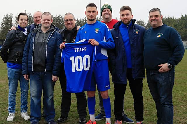 Daniel Trif's 100 appearance for Dunstable is marked before kick-off. Picture: L-SMITH PHOTOGRAPHY EMN-200128-104620002