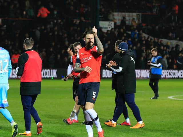 Sonny Bradley celebrates a second clean sheet of the season for Luton against Sheffield Wednesday last night