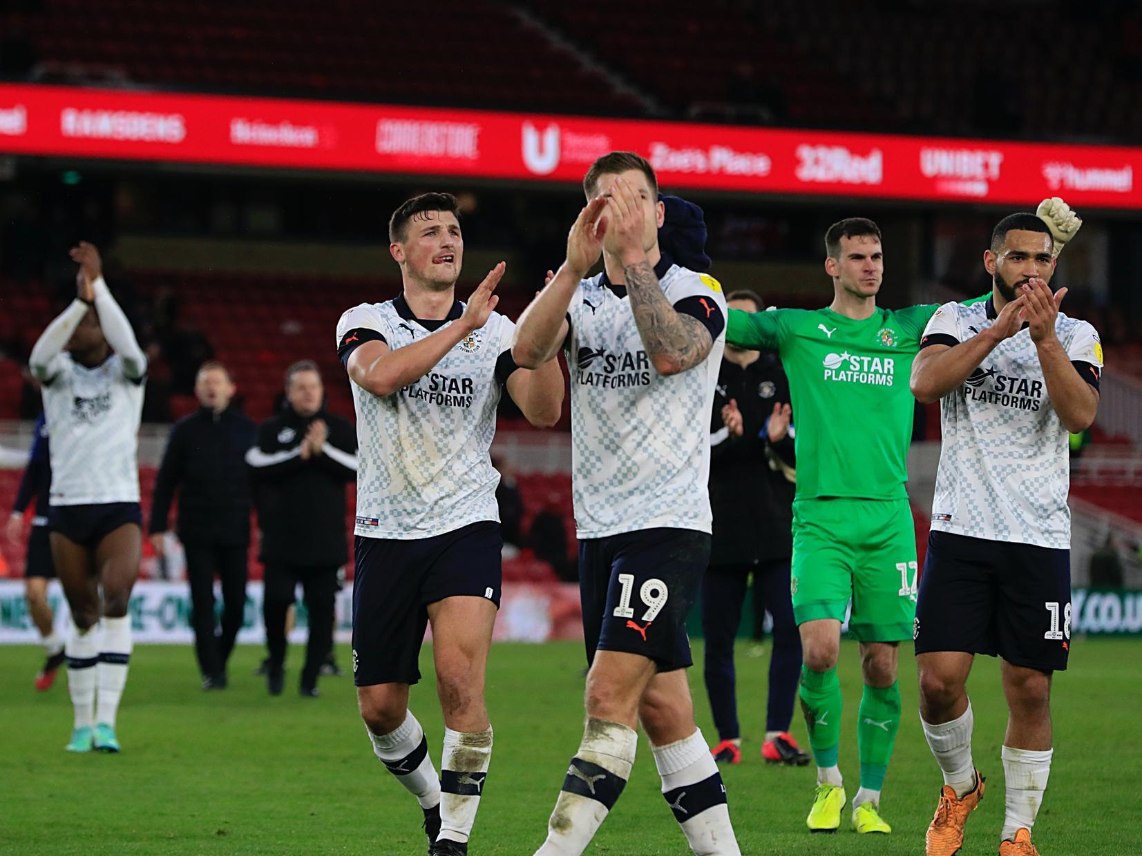 Luton's players celebrate beating Middlesbrough 1-0 at the Riverside Stadium