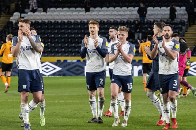 Preston North End players applaud the travelling fans after the win against Hull CIty