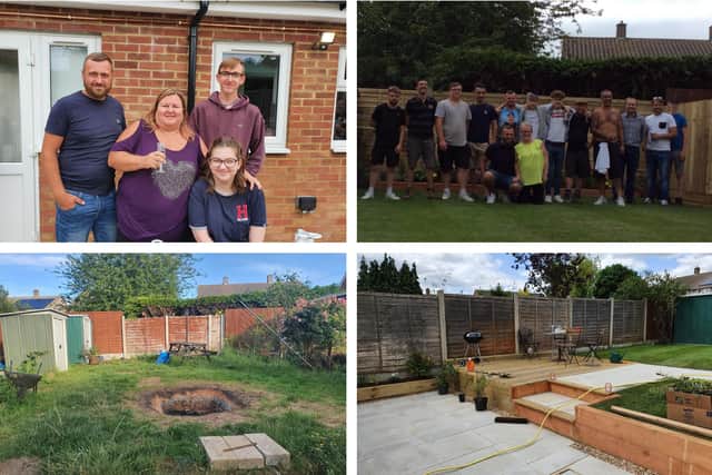 Clockwise from top left: Drew with Justine, Beth and Tom; the tradesmen and volunteers; the garden after; the garden before.