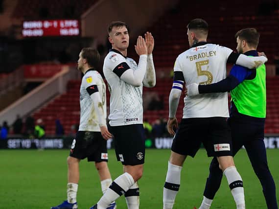 James Bree applauds the Luton fans after victory at Middlesbrough earlier in the season