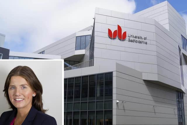 The University of Bedfordshire; (inset) Universities Minister Michelle Donelan