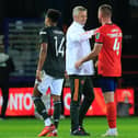 Manchester United boss Ole Gunnar Solksjaer with Luton's former Red Devils midfielder Ryan Tunnicliffe at the full time whistle
