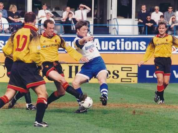 Action from the Hatters' goalless draw with Watford back in 1996