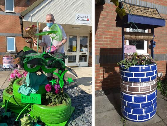 The winning frog from Mitre house (left) and the wishing well created by Bonetti (right)