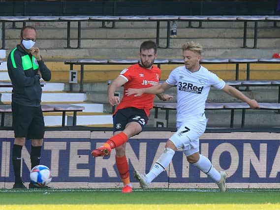 Luton defender Rhys Norrington-Davies in action against Derby recently