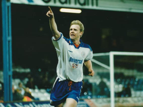 David Oldfield celebrates scoring a goal for Luton during his playing days at Kenilworth Road