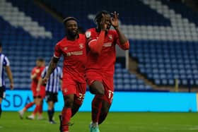 Midfielder Pelly Ruddock-Mpanzu celebrates his goal against Sheffield Wednesday on Saturday