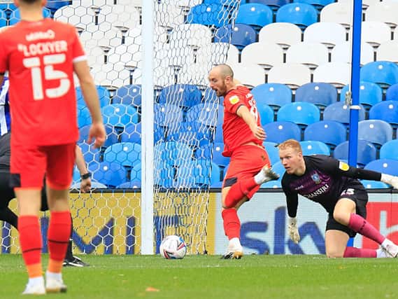 Danny Hylton saw this effort against Sheffield Wednesday cleared off the line