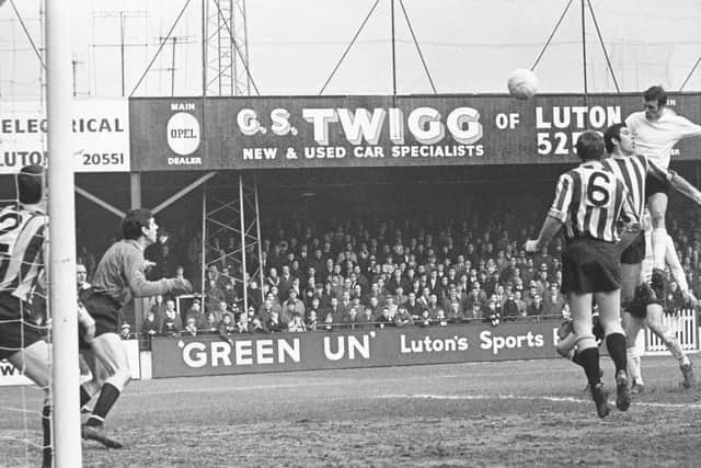 Matt Tees showing his prodigious leap during a 5-0 win at Kenilworth Road
against Bradford City in 1969.