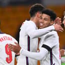 James Justin celebrates scoring his first goal for the England U21s during their 5-0 win over Albania U21s