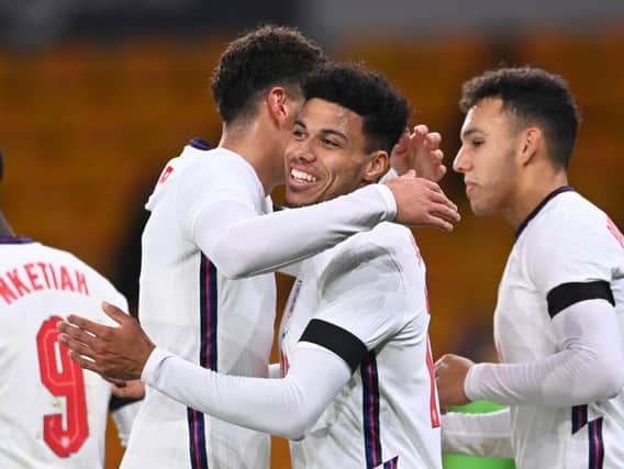 James Justin celebrates scoring his first goal for the England U21s during their 5-0 win over Albania U21s