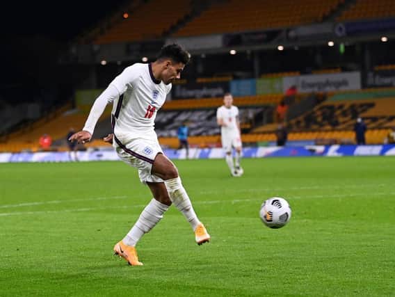 James Justin scores his first goal for the England U21s against Albania U21s this week
