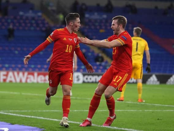 Rhys Norrington-Davies celebrates a goal for Wales this week