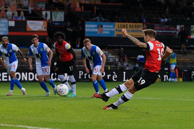 James Collins scores from the spot as Luton beat Blackburn Rovers 3-2 at Kenilworth Road last season