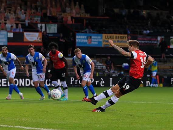 James Collins scores from the spot as Luton beat Blackburn Rovers 3-2 at Kenilworth Road last season