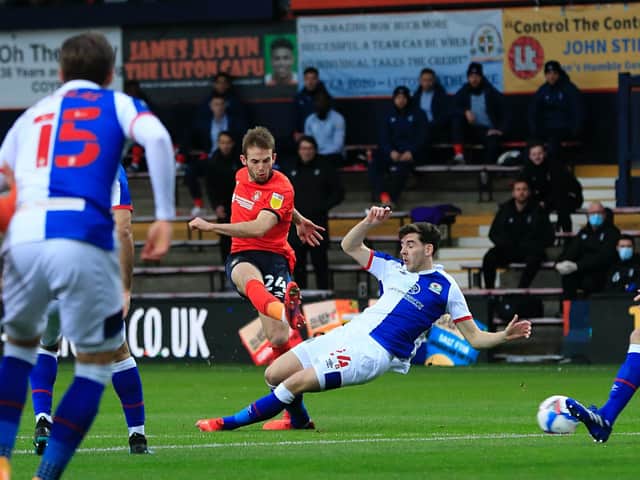 Rhys Norrington-Davies saw this effort flash inches wide during Luton's 1-1 draw with Blackburn