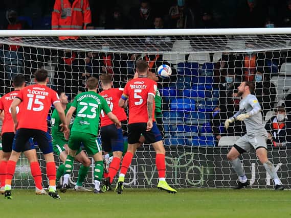James Collins makes it 2-0 to the Hatters this afternoon