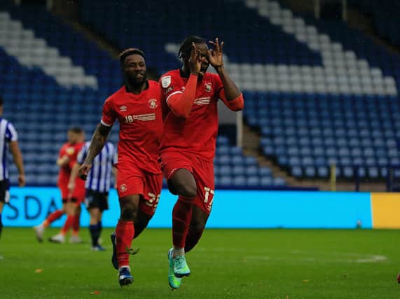 Pelly-Ruddock Mpanzu celebrates a rare Luton goal away from home this season