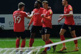 Kiernan Dewsbury-Hall celebrates his first goal for Luton during last night's 2-1 win over Bristol City