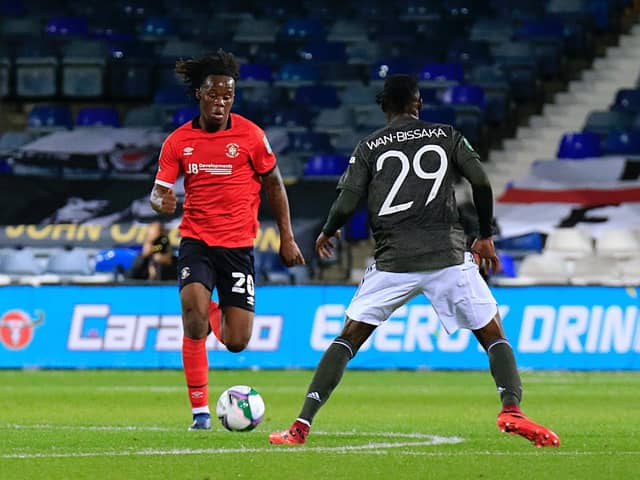 Luton defender Peter Kioso in action during the Carabao Cup tie with Manchester United