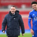 Former Luton left back James Justin with Leicester boss Brendan Rodgers