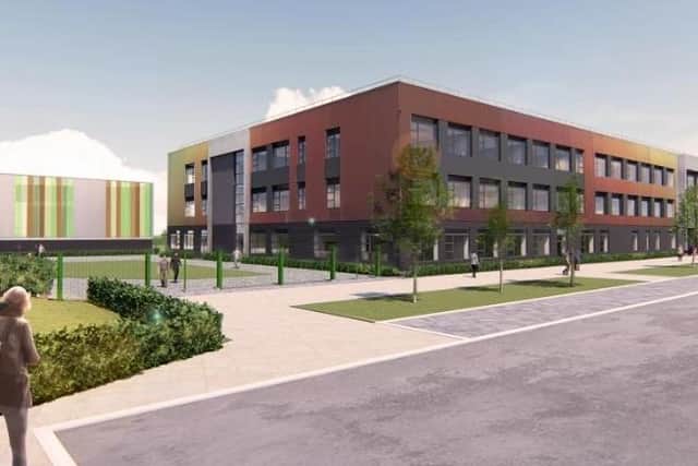 An final rendition of the planned school, including the sports hall (left)