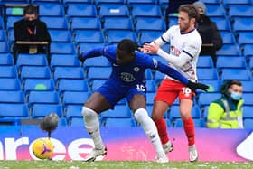 Jordan Clark puts the pressure on during Luton's defeat to Chelsea on Sunday