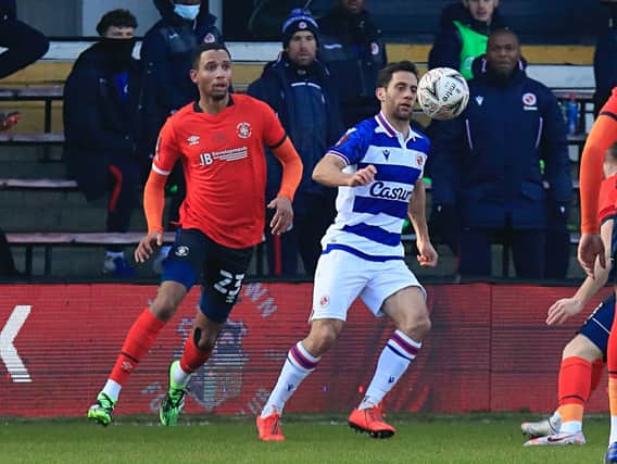Brendan Galloway shadows Sam Baldock during Luton's FA Cup win over Reading earlier this month