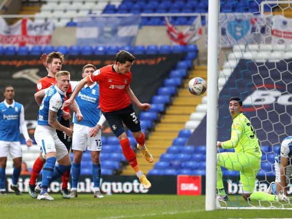 Dan Potts heads home the winner for Luton at Birmingham this afternoon