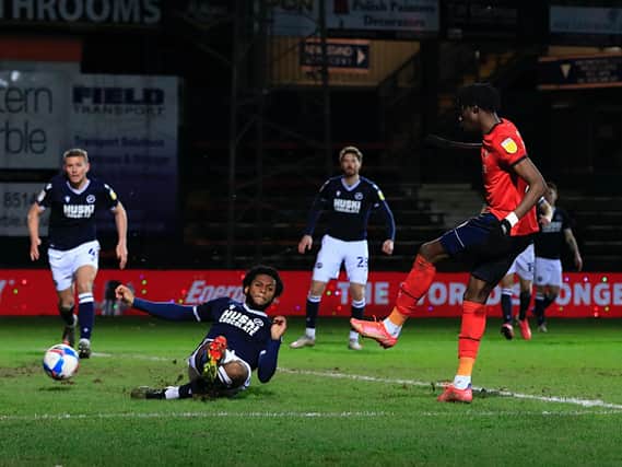 Elijah Adebayo puts Luton in front with his first goal for the club